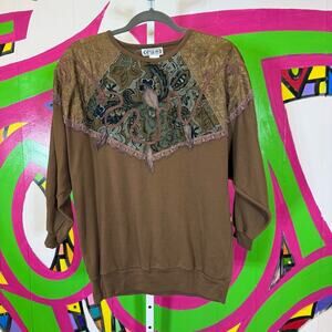P'Galli, Brown Vintage Patchwork Embroidered Blouse. Size Large. Excellent cond!